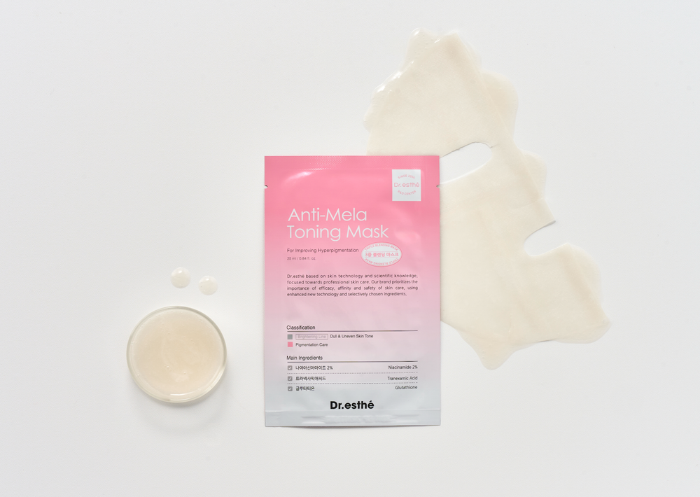 Dr. Esthe Anti-Mela Toning Mask pack with five face masks for brightening and toning skin, shown in the product image.