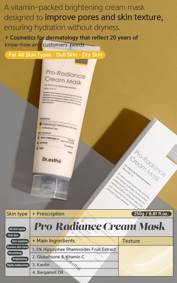 Dr. Esthe Pro-Radiance Cream Mask in a jar with a creamy texture, showcasing its luxurious skincare formulation.