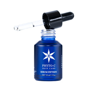 Phyto-C Skin Care Serum Fifteen in a clear bottle with a dropper, showcasing its lightweight, hydrating formula.