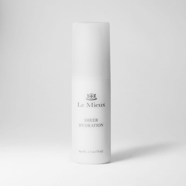 Le Mieux Sheer Hydration moisturizer in 2.5oz bottle with cap, showcasing clear, lightweight skincare for deep hydration.