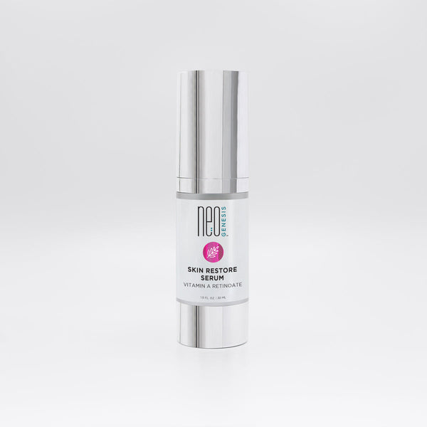NeoGenesis Skin Restore Serum in a 30mL bottle, featuring a sleek design and a dropper for easy application.