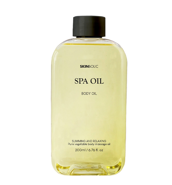 Skinbolic Spa Oil 200mL serum bottle with a sleek design, showcasing its rich oil inside against a neutral background.