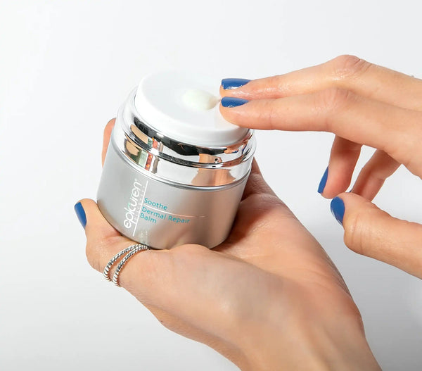 Epicuren Discovery Soothe Dermal Repair Balm in a 1 Fl Oz jar, surrounded by natural elements highlighting its moisturizing properties.
