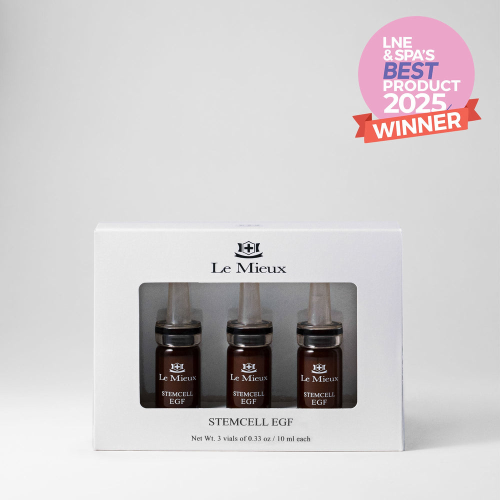 Le Mieux StemCell EGF serum set with award badge, featuring skincare bottles and packaging, for rejuvenating facial skincare.