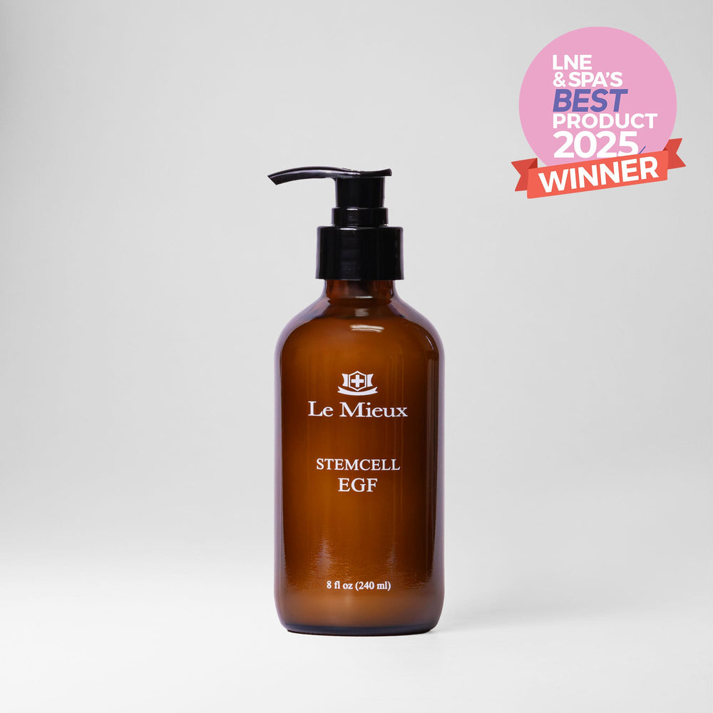 Le Mieux StemCell EGF Deluxe serum in an 8oz bottle, featuring a sleek design and pump dispenser for skincare.