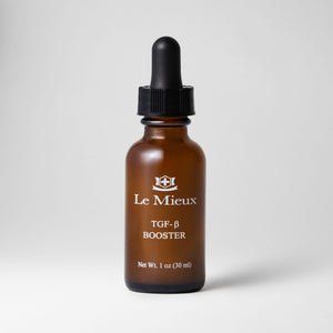 Le Mieux TGF-β Booster serum in a 1oz bottle, featuring a sleek design and clear label, highlighting skincare benefits.