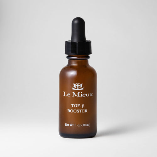 Le Mieux TGF-β Booster serum in a 1oz bottle, featuring a sleek design and clear label, highlighting skincare benefits.