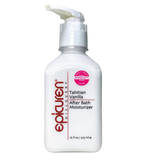 Epicuren Discovery Tahitian Vanilla After Bath Body Moisturizer in a sleek bottle with a creamy texture.