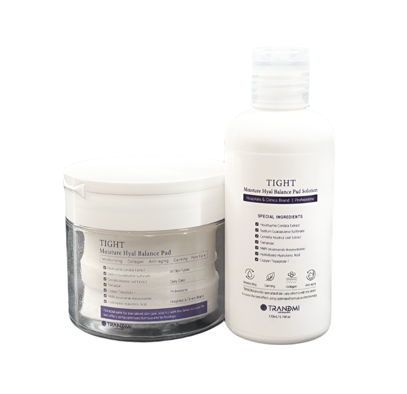 TIGHT Moisture Hyal Balance Pad packaging on a dark surface with product details.