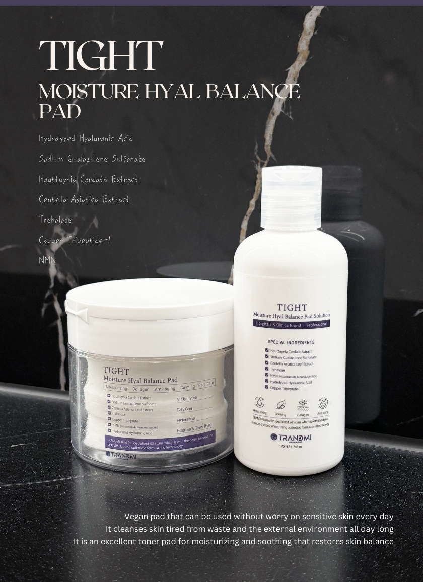 TIGHT Moisture Hyal Balance Pad packaging on a dark surface with product details.