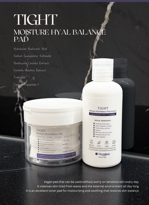 Tov Beauty TRANDMI Tight Moisture Hyal Balance Pad set, vegan toner pads in a clear container with a lid.