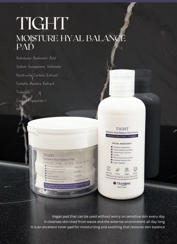 Tov Beauty TRANDMI Tight Moisture Hyal Balance Pad set, vegan toner pads in a clear container with a lid.