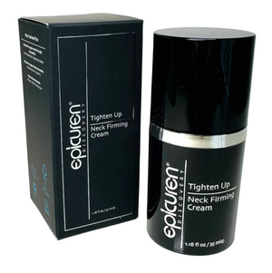 Epicuren Discovery Tighten Up Neck Firming Cream packaging and container, black and silver in color, 1.18 fl. oz. size.