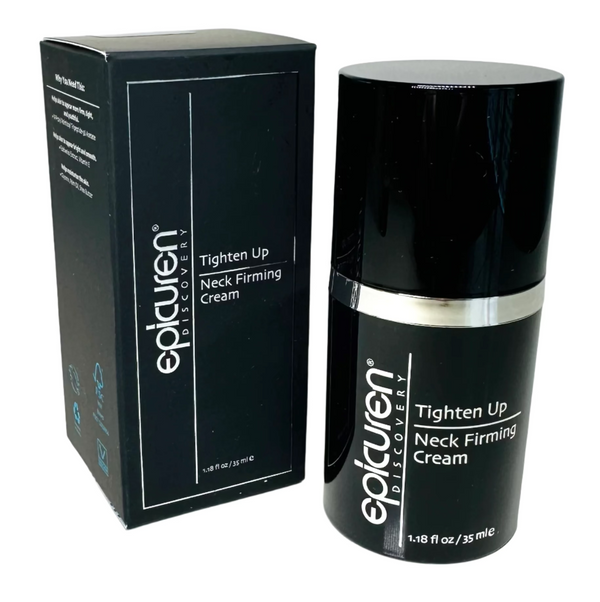Epicuren Discovery Tighten Up Neck Firming Cream packaging and container, black and silver in color, 1.18 fl. oz. size.