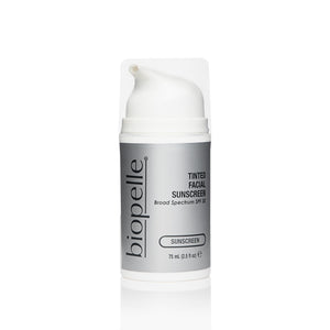 Biopelle tinted facial sunscreen in a cleanser bottle with cap on a white background, showcasing the product's packaging.
