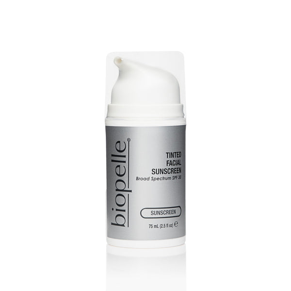 Biopelle tinted facial sunscreen in a cleanser bottle with cap on a white background, showcasing the product's packaging.