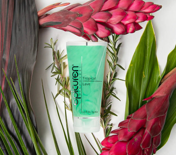 Epicuren Discovery Tropical Lave Body Cleanser bottle with tropical design and textured surface, set against a neutral background.