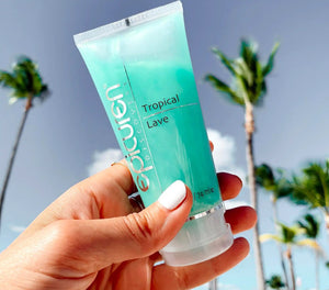 Epicuren Discovery Tropical Lave Body Cleanser bottle with tropical design, showcasing its vibrant packaging and texture.