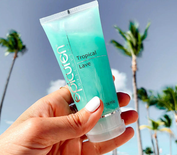 Epicuren Discovery Tropical Lave Body Cleanser bottle with tropical design, showcasing its vibrant packaging and texture.