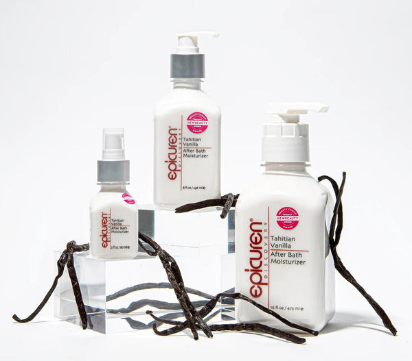 Epicuren Discovery Tahitian Vanilla After Bath Body Moisturizer in a lifestyle setting with vanilla flowers and soft textures.