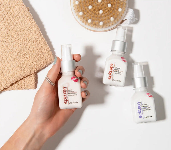 Epicuren Discovery Tahitian Vanilla After Bath Body Moisturizer in a lifestyle setting with a creamy texture and vanilla scent.