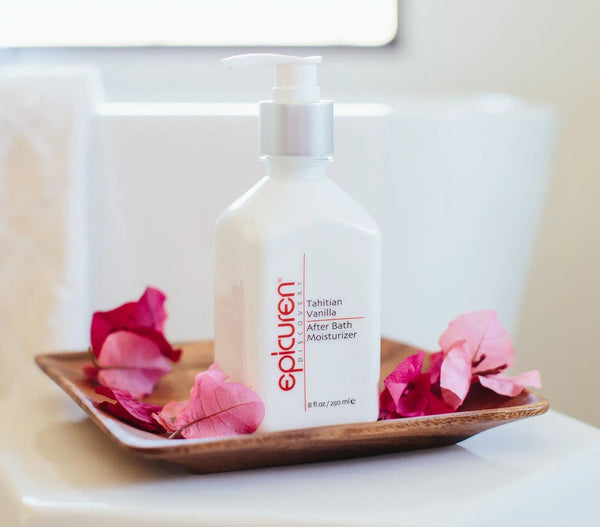 Epicuren Discovery Tahitian Vanilla After Bath Body Moisturizer in a stylish setting, highlighting its creamy texture and vanilla scent.