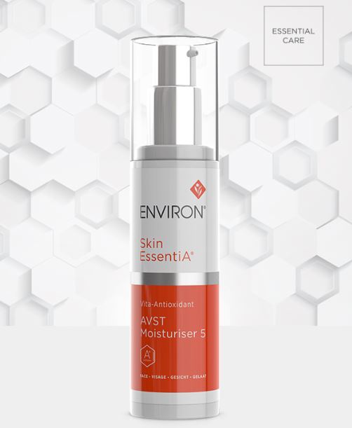 Environ Vita-Antioxidant AVST Moisturiser 5 in a 50ml bottle, showcasing its smooth texture and sleek packaging.