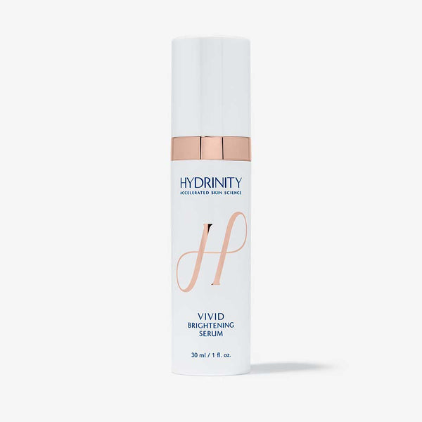 Hydrinity VIVID Brightening Serum in a sleek bottle, showcasing a clear, luminous face serum for radiant skin.