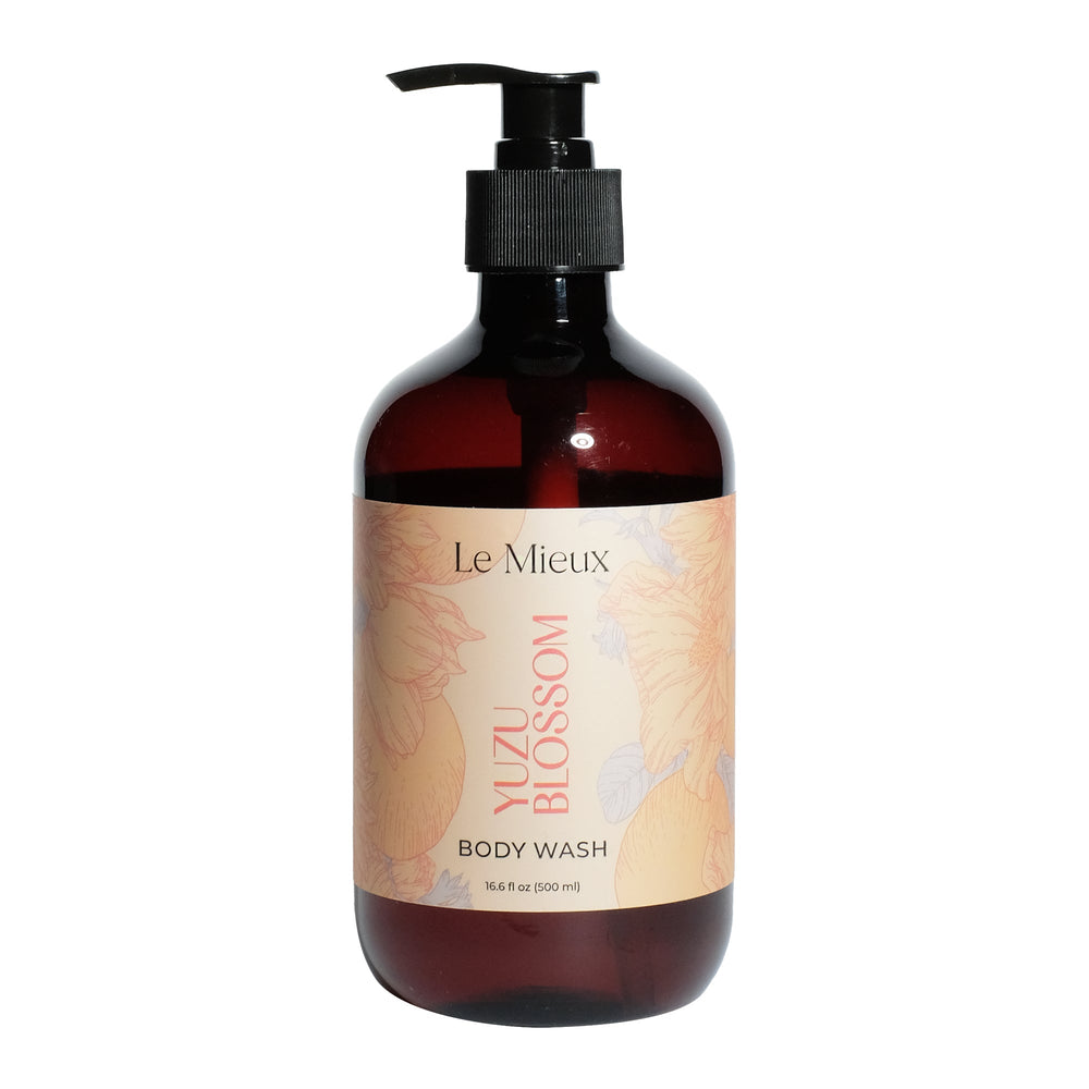 Le Mieux Yuzu Blossom Body Wash in a 16oz bottle with a vibrant yuzu fruit design.