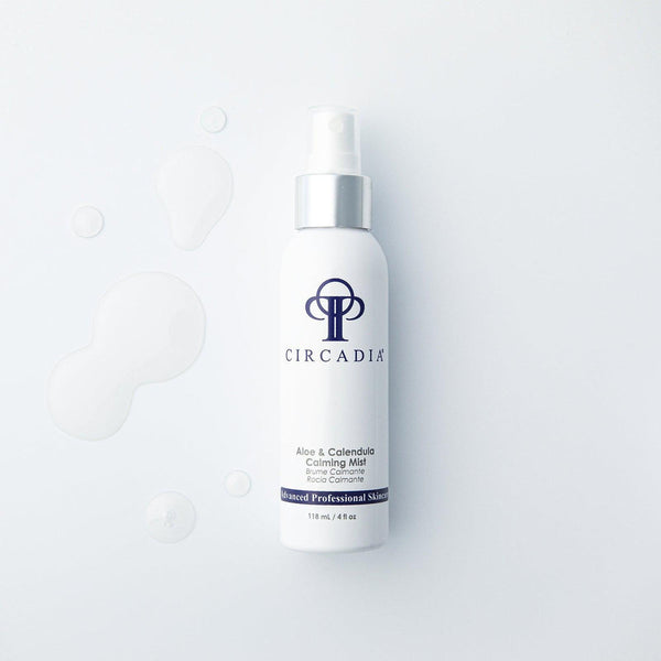 Circadia Aloe & Calendula Calming Mist gel cleanser bottle with aloe and calendula ingredients, designed for soothing skin.
