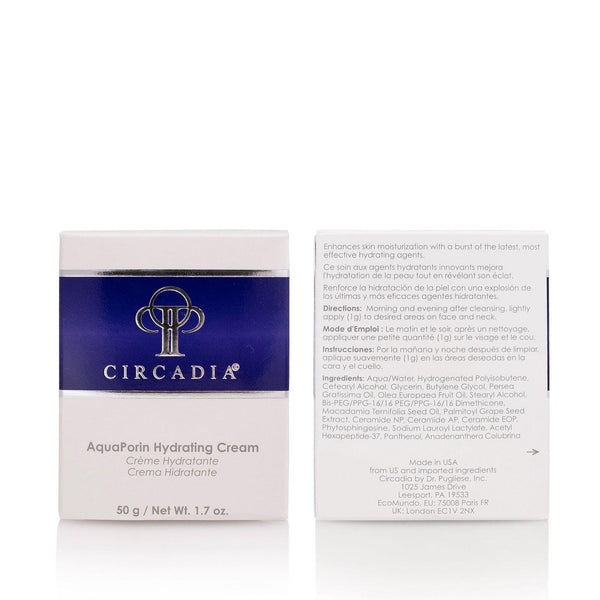 Circadia AquaPorin Hydrating Cream gel cleanser in a white jar with a blue label, showing the product and brand name.
