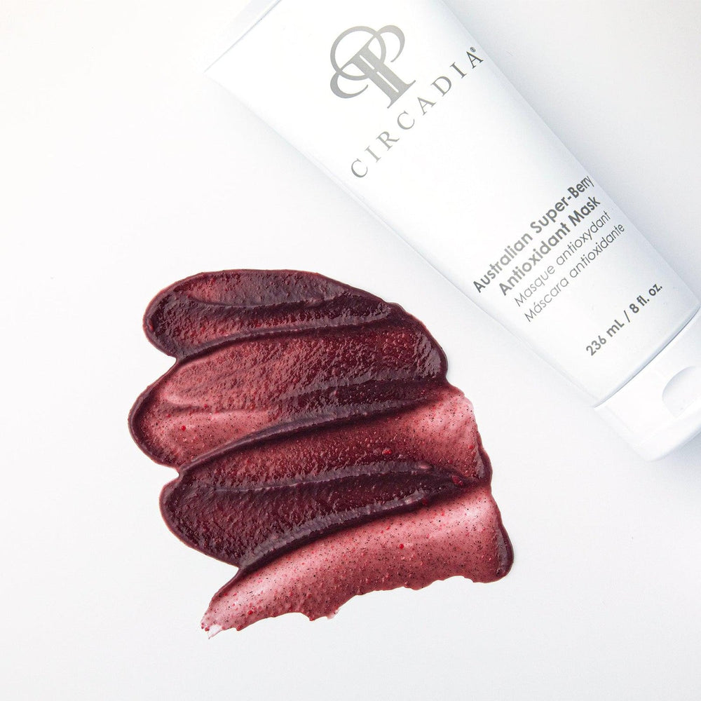 Circadia Australian Super-Berry Antioxidant Mask gel cleanser in a jar with fresh berries and natural ingredients visible.