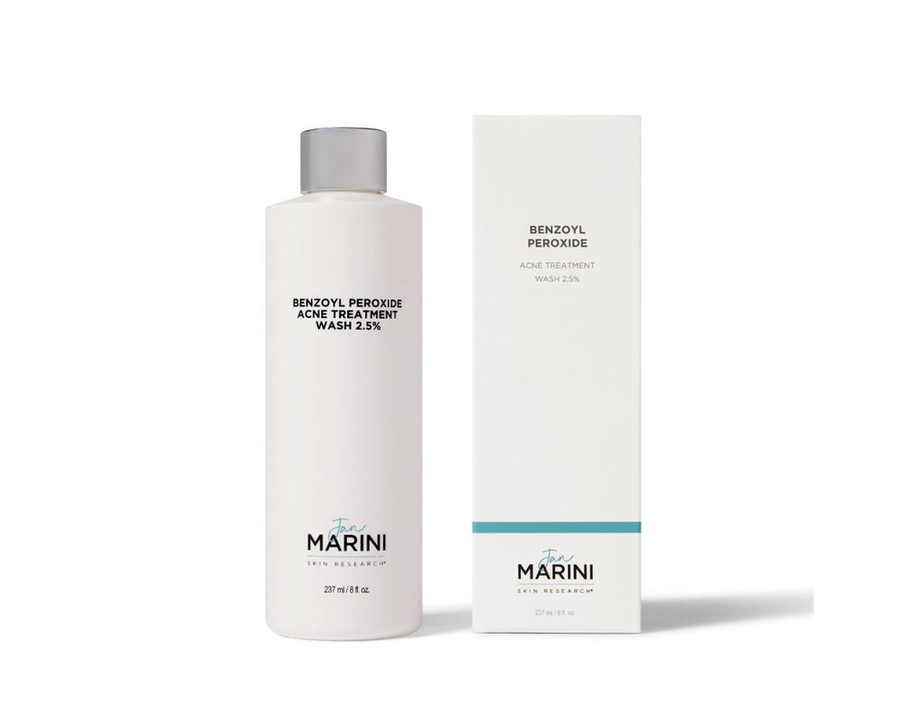 Jan Marini Benzoyl Peroxide 2.5% Wash bottle with label, designed for acne treatment and skin cleansing.