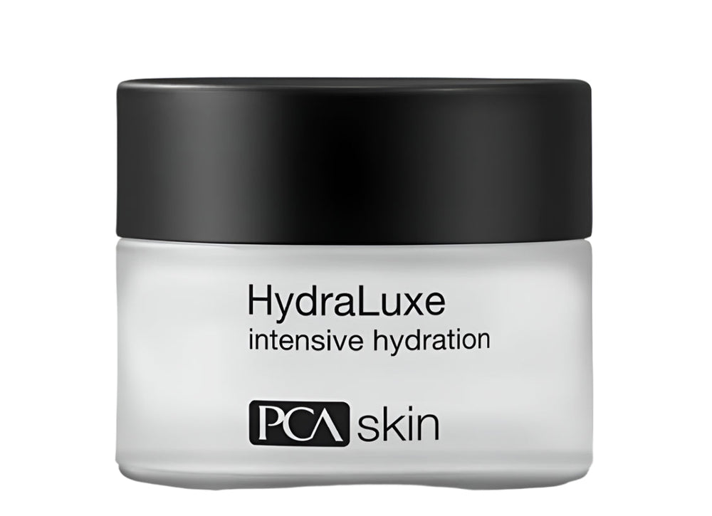 PCA Skin HydraLuxe Intensive Hydration lotion in a white jar with a black lid, indicating it is intended for skin hydration.
