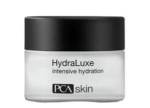 PCA Skin HydraLuxe Intensive Hydration lotion in a white jar with a black lid, indicating it is intended for skin hydration.