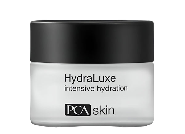PCA Skin HydraLuxe Intensive Hydration lotion in a white jar with a black lid, indicating it is intended for skin hydration.
