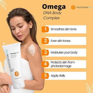 Photozyme Omega 36 Body Complex bottle featuring DNA enzymes and Omega 3 and 6, set against a neutral background.
