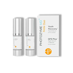 Photozyme Duo: Youth Recovery & GFS Plus bottles with labels showcasing vibrant colors and sleek design on a white background.
