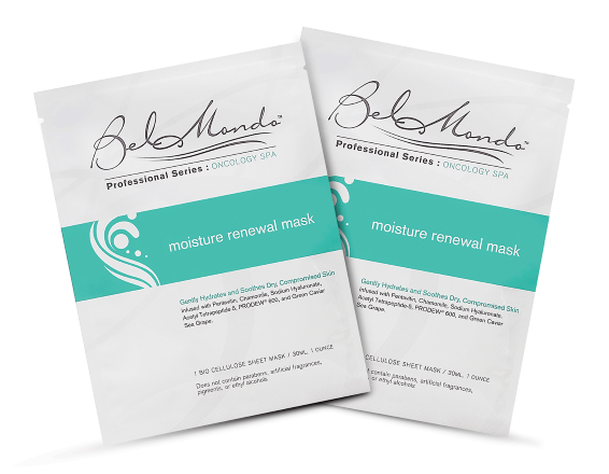 Bel Mondo Beauty Moisture Renewal Mask in packaging, showcasing four sheet masks for hydration and skin rejuvenation.