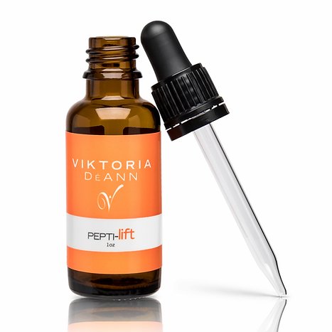 Viktoria DéAnn Lift Peptide serum bottle with a sleek design, showcasing its lightweight texture and brand label.