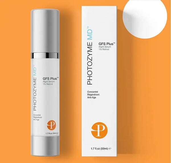 Photozyme GFS Plus Night Serum bottle with 1% retinol, showcasing its sleek design and label details.