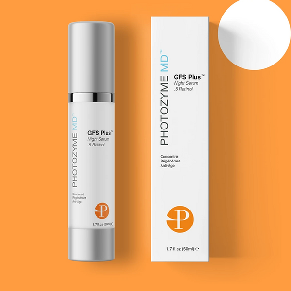 Photozyme GFS Plus Night Serum bottle with 0.5% retinol, showcasing its sleek design and 1.7 oz size.