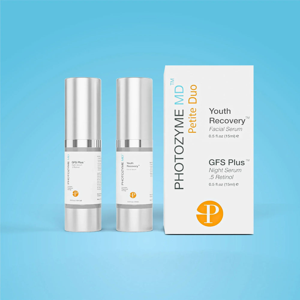 Photozyme Duo: Youth Recovery & GFS Plus bottles with labels showcasing vibrant colors and sleek design on a white background.