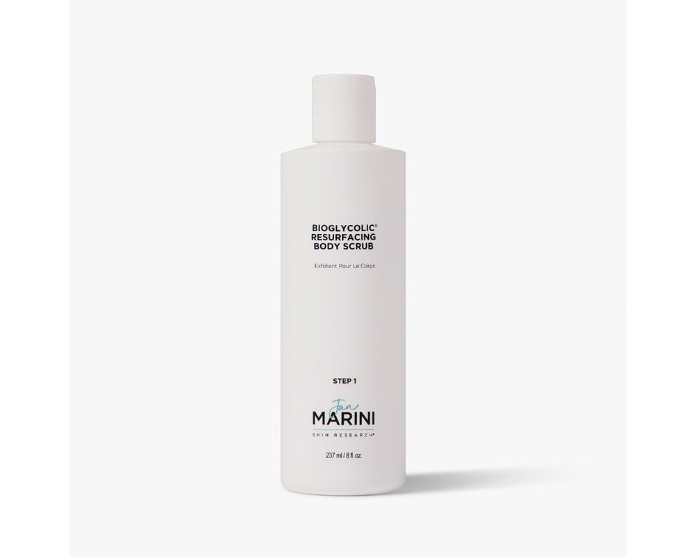 Jan Marini Bioglycolic Resurfacing Body Scrub in clear jar with a label showcasing its exfoliating properties.