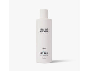 Jan Marini Bioglycolic Resurfacing Body Scrub in clear jar with a label showcasing its exfoliating properties.