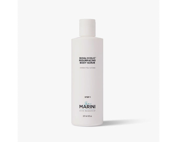 Jan Marini Bioglycolic Resurfacing Body Scrub in clear jar with a label showcasing its exfoliating properties.