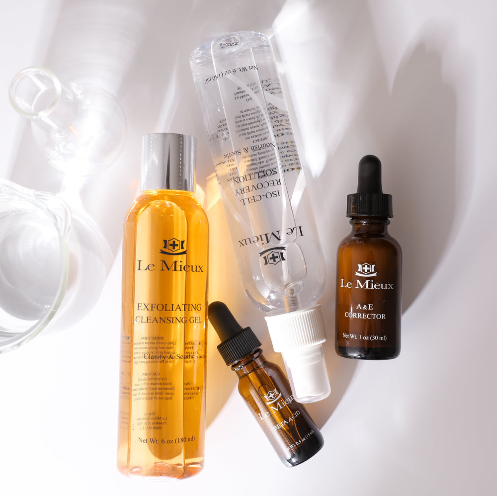 Le Mieux 4-Step Acne Rehab Clear Skin Solutions set with cleanser, targeting blemish-prone skin for clearer complexion.