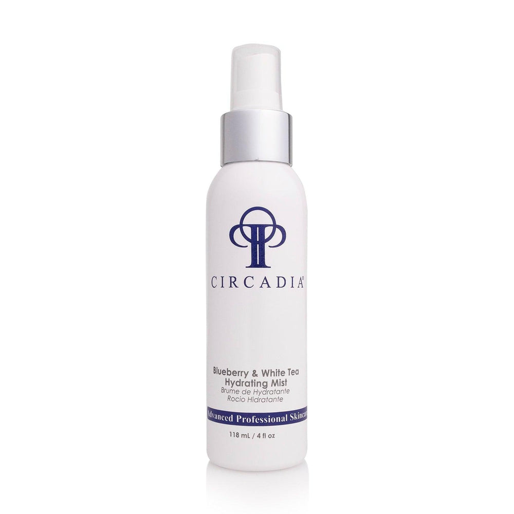 Circadia Blueberry & White Tea Hydrating Mist bottle featuring blue and white tea ingredients for skin hydration.