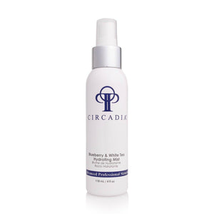 Circadia Blueberry & White Tea Hydrating Mist bottle featuring blue and white tea ingredients for skin hydration.