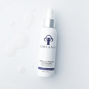 Circadia Blueberry & White Tea Hydrating Mist gel cleanser with fresh blueberries and white tea extract in a clear bottle.